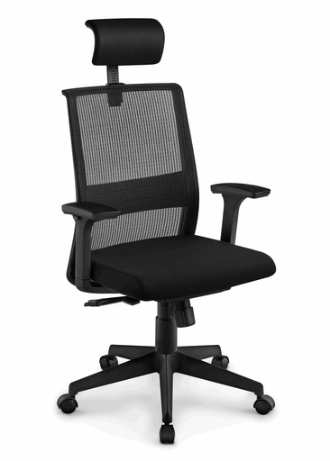 Silla Presidente Modelo Contatto, patas de nylon, brazos regulables, apoyo lumbar ajustable, respaldo en red, asiento en tela crepe. Mecanismo multiposicion. 